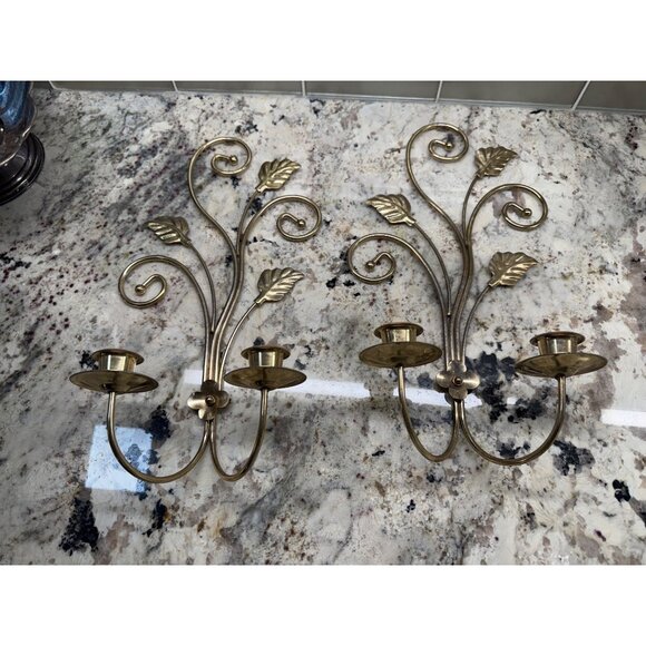 Pair VTG Gold Brass Wall Candle Holders Sconces Leaf scroll Hollywood Regency - Picture 13 of 13